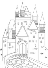 Coloring page with a traditional German castle outline vector stock illustration with colorless architecture of a medieval castle with towers