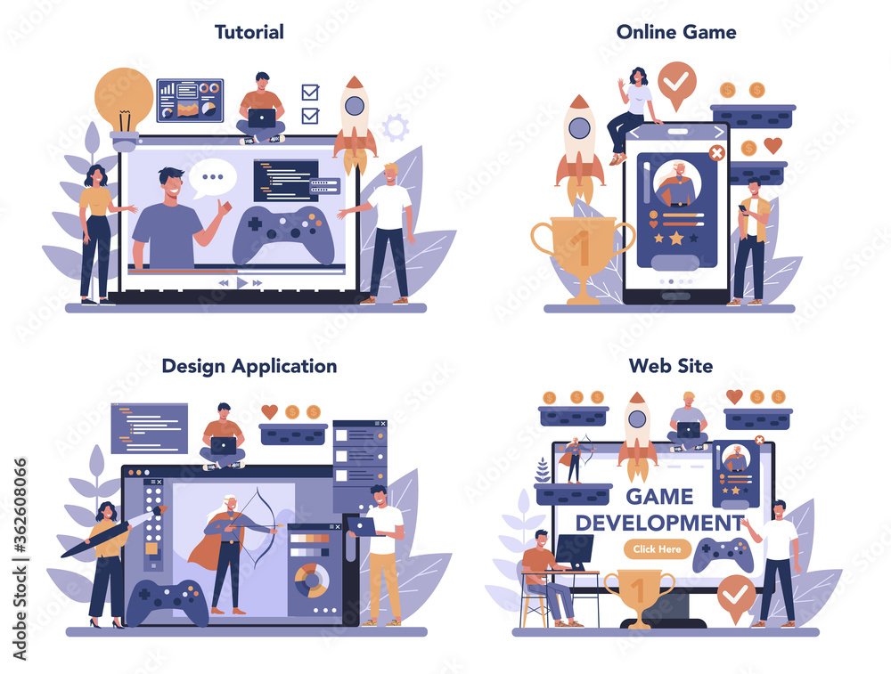 Poster game development online service or platform set. creative process