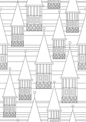 Seamless pattern with german outline towers or linear vector stock illustration with colorless old architecture as anti stress coloring