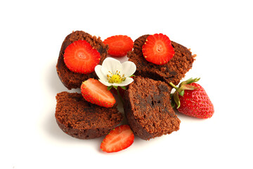 Tasty muffin cakes with strawberries and chocolate, isolated on white