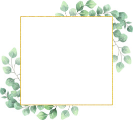 Watercolor eucalyptus gold frame on white background. Beautiful template for invite or greeting card, banner, backdrop. © Larionochka Store