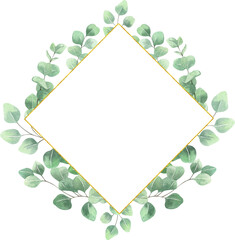 Fototapeta na wymiar Watercolor eucalyptus gold frame on white background. Beautiful template for invite or greeting card, banner, backdrop.