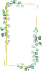 Watercolor eucalyptus gold frame on white background. Beautiful template for invite or greeting card, banner, backdrop.