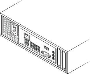 Back of a small form factor SFF desktop PC showing a variety of connector ports.  USB, ethernet, sound in, line out, headphones, VGA, HDMI and two low profile slots.