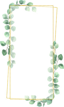 Watercolor Eucalyptus Gold Frame On White Background. Beautiful Template For Invite Or Greeting Card, Banner, Backdrop.