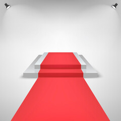 Obraz premium Red carpet on a Stage Podium For Award with lights effect. White Stage with stairs. Pedestal for winners. Vector
