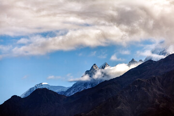 Fototapeta na wymiar View of Panchachauli peaks of the Great Himalayas as seen from Munsiyari, Uttarakhand, India.