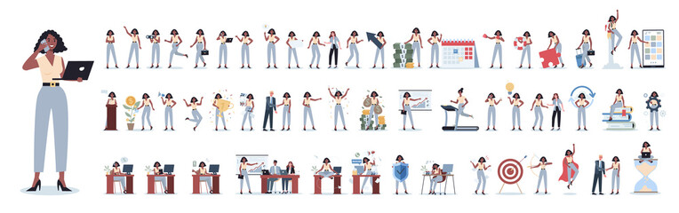 Set of business woman or office worker character with various poses