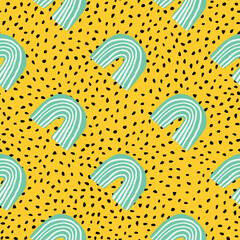 Geometric rainbow shapes seamless pattern on dots background. Doodle elements endless wallpaper.