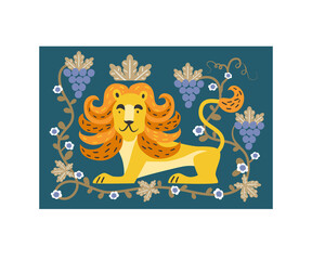 .Lion hand drawn vector illustration. Cute cartoon wild character poster.   .Crowned animal, flowers and vine drawing in Scandinavian style. Flat background..