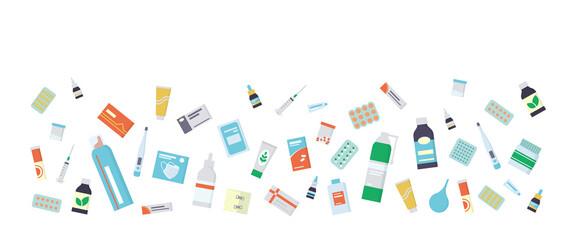Flyer for the pharmacy with medications, drugs, pills and bottles. Isolated vector illustration in flat style on white background