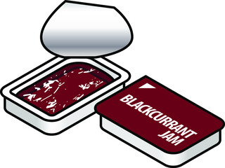 A small plastic pack of blackcurrant jam.