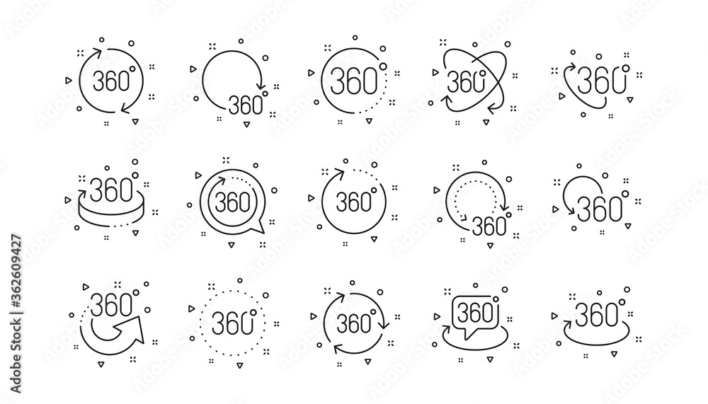 Aufkleber rotate arrow, vr panoramic simulation and augmented reality. 360 degrees line icons. 360 degrees vir