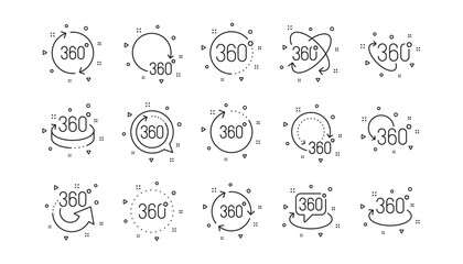 Rotate arrow, VR panoramic simulation and augmented reality. 360 degrees line icons. 360 degrees virtual gaming, abstract geometry, full rotation view icons. Linear set. Geometric elements. Vector