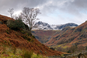 View of the Langdale Valley, English Lake district on a winter evening