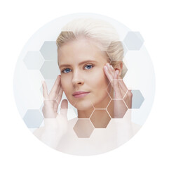 Human face in honeycomb. Young and healthy woman in plastic surgery, medicine, spa and face lifting.