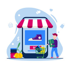 e commerce illustration - online shop concept in flat design - people shopping with trolly