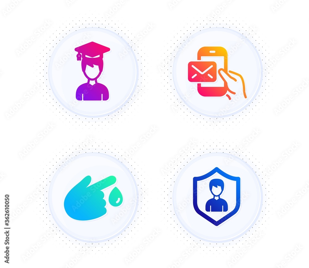 Poster messenger mail, blood donation and student icons simple set. button with halftone dots. security age