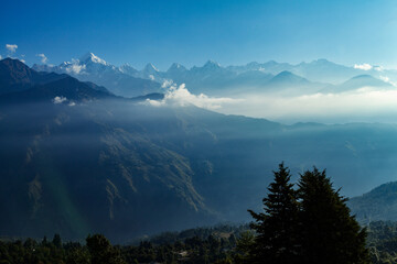 View of beautiful Panchchuli peaks of the Great Himalayas as seen from Munsiyari, Uttarakhand, India.