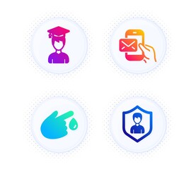 Messenger mail, Blood donation and Student icons simple set. Button with halftone dots. Security agency sign. New e-mail, Injury, Graduation cap. People protection. People set. Vector