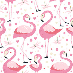 Flamingo bird couple in love. Vector seamless pattern. Cartoon tropical summer background with pink exotic jungle animal family, tropic palm and flowers. Kid illustration.