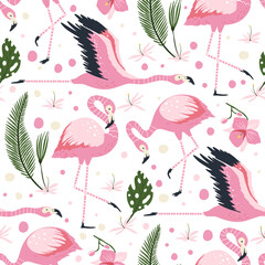 Flamingo bird vector seamless pattern. Cartoon tropical summer background with pink exotic jungle animal, tropic palm and flowers. Kid illustration.