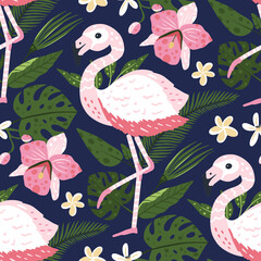 Tropical white flamingo bird seamless summer pattern. Exotic ornate vector wallpaper with pink wild animals and jungle floral illustrations on a dark background.