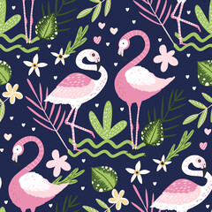 Tropical white flamingo bird seamless summer pattern. Exotic ornate vector wallpaper with pink wild animals and jungle floral illustrations on a dark background.