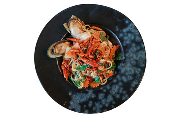 Spaghetti with Spicy prawn and Mixed Seafood, focus selective.