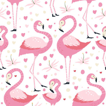 Flamingo bird couple in love. Vector seamless pattern. Cartoon tropical summer background with pink exotic jungle animal family, tropic palm and flowers. Kid illustration. © trihubova