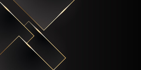 Vector luxury tech background. Stack of black paper material layer with gold stripe and golden geometric pattern. Presentation design