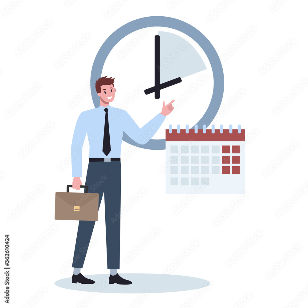 Poster business character with a clock. work effectivity and planning.