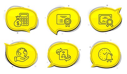 Certificate sign. Diploma certificate, save planet chat bubbles. Finance calculator, Alarm bell and Technical algorithm line icons set. Calculate money, Time, Project doc. Verified document. Vector