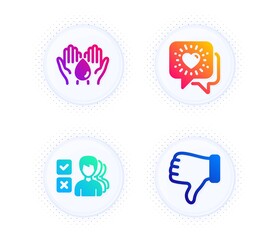 Friends chat, Opinion and Wash hands icons simple set. Button with halftone dots. Dislike hand sign. Friendship, Choose answer, Skin care. Thumbs down. People set. Vector
