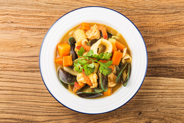 Thai food: curry seafood, curry squid, curry mussels, curry shrimp