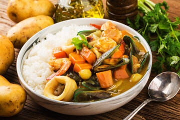 Thai food：Curry Seafood Rice.Curry Seafood Rice