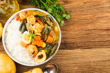 Thai food：Curry Seafood Rice.Curry Seafood Rice