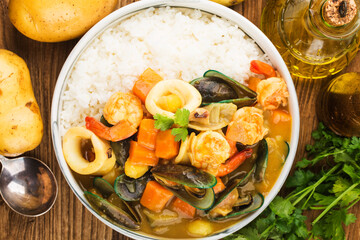 Thai food：Curry Seafood Rice.Curry Seafood Rice