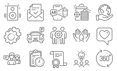 Set of Technology icons, such as Speakers, Safe water. Diploma, ideas, save planet. Augmented reality, Heart, Exam time. Parking, Approved mail, People talking. Vector