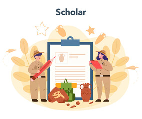 Archaeologist concept. Ancient history scientist, paleontologist. Knowledge