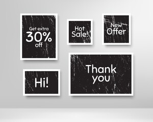 Hot sale, 30% discount and new offer. Black photo frames with scratches. Thank you phrase. Sale shopping text. Grunge photo frames. Images on wall, retro memory album. Vector