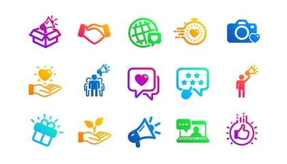 Influence people, Megaphone and Representative. Brand ambassador icons. Handshake, influencer marketing person, ambassador person icons. Classic set. Gradient patterns. Quality signs set. Vector