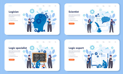 Obraz na płótnie Canvas Logician web banner or landing page set. Scientist systematicly study