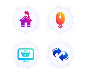 Home, Web shop and Scroll down icons simple set. Button with halftone dots. Refresh sign. House building, Shopping cart, Mouse swipe. Rotation. Technology set. Gradient flat home icon. Vector