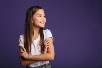 Obraz premium Photo of happy beautiful girl laughing and looking aside