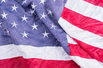 US American flag. For USA Memorial day, Presidents day, Veterans day, Labor day, Independence or 4th of July celebration. Top view, copy space for text.
