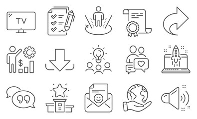 Fototapeta premium Set of Technology icons, such as Download, Quote bubble. Diploma, ideas, save planet. Augmented reality, Tv, Loud sound. Survey checklist, Share, Employees wealth. Vector