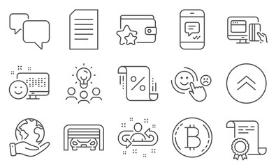 Set of Technology icons, such as Swipe up, Bitcoin. Diploma, ideas, save planet. Message, Recruitment, Loan percent. Smile, Document, Online payment. Vector