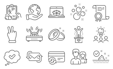 Set of Business icons, such as Winner podium, Wifi. Diploma, ideas, save planet. Prescription drugs, Change card, Wedding rings. Skin care, Refresh mail, Approved. Vector