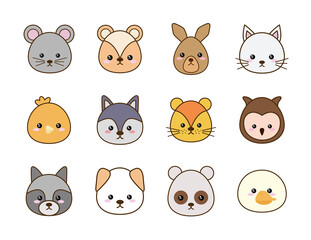 Cute cartoons line and fill style icon set design, Kawaii animals zoo life nature and character theme Vector illustration